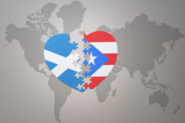 puzzle heart with the national flag of puerto rico and scotland on a world map background.Concept.