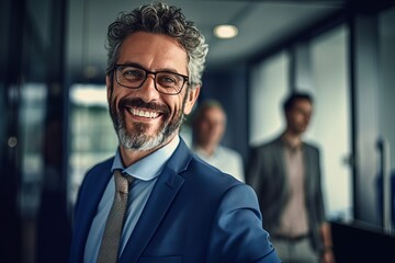smiling businessman is sitting in a conference room