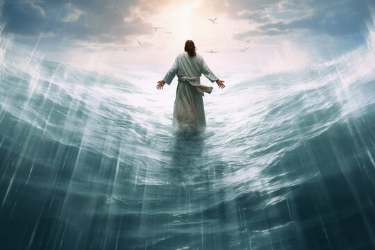 Jesus walking on the water. This artwork portrays the miraculous event from biblical narratives, conveying a sense of divine power, faith, and the transcendent nature of Jesus presence. Ai generated