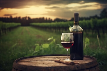 Bottle and a glass of unique rich red wine on a wooden barrel in the vineyard. Wine tasting in outdoor winery restaurant travel tour. Grape production and winemaking concept. Generative AI Technology