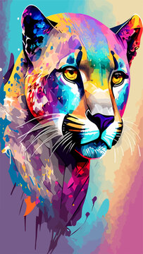 Abstract, multicolored portrait of a puma, in a watercolor style. Digital vector graphics. Color art, pop art style, animal graphic illustration