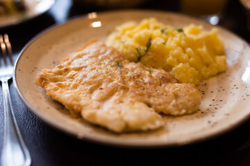 Appetizing chicken breasts in batter with mashed potatoes on plate