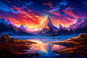 Mountains landscape, reflection in lake, empty background, colorful, painting. Generative AI