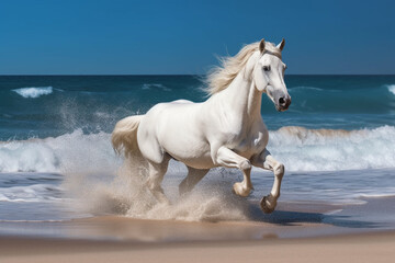 Obraz na płótnie Canvas Magnificent white horse galloping freely on the beach. This artwork embodies the essence of grace, power, and untamed spirit. Ai generated