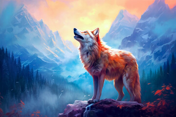 Wolf posed on rock, mountains landscape, colorful, painting. Generative AI