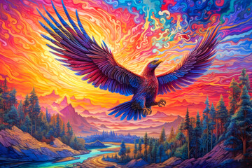 Hawk flying, mountains landscape, colorful, swirling sky, painting. Generative AI