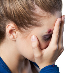 Fototapeta premium Scared young girl covering her face. Concept violence in family