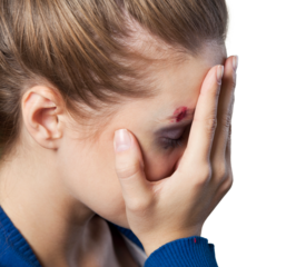 Scared young girl covering her face. Concept violence in family