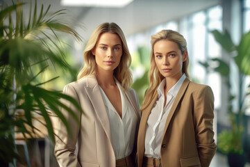 Two elegant and confidence businesswomen in light suits, looking at the camera inside office. Created with Generative AI Technology.