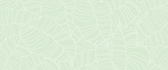 Abstract botanical foliage vector background. Tropical leaves, monstera, leaf branch, freehand drawn in linear style. Botanical jungle illustrated with banner, prints, decoration, fabric.