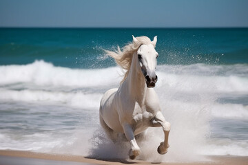 Obraz na płótnie Canvas Magnificent white horse galloping freely on the beach. This artwork embodies the essence of grace, power, and untamed spirit. Ai generated