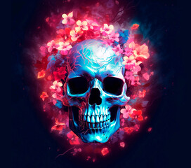 realistic spectral light illuminates a transparent bright skull with flowers abstract floral art on a dark background