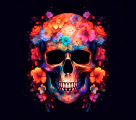 realistic spectral light illuminates a transparent bright skull with flowers abstract floral art on a dark background