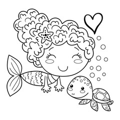 Illustration in black and white of a little coral-haired mermaid with her turtle friend, coloring page
