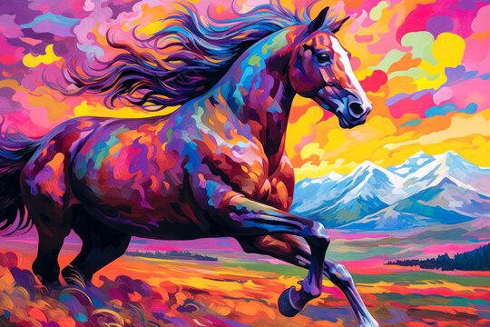 Colorful horse running, mountains landscape, painting. Generative AI