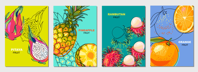 Posters with orange, pineapple, pitaya and rambutan fruits. Whole and half tropical summer fruits. Set of cover templates for brochure, flyer and poster use. Vector illustration. - obrazy, fototapety, plakaty