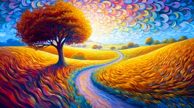 Golden field landscape, fantasy, empty background,  painting. Generative AI