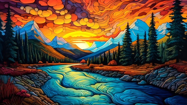 Mountains landscape, empty background, colorful, painting. Generative AI