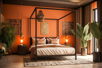 Cozy bedroom with plants. Orange, green and black colors. African eco interior design. Super photo realistic background, generative ai illustrarion