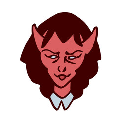 Illustration d'une succube rouge diabolique, avec un col blanc, venant des enfers, dessiné à la main, isolé sur fond blanc