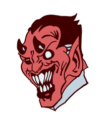 Illustration d'un démon rouge diabolique, en col blanc, venant des enfers, cornu, en col blanc, dessiné à la main, isolé sur fond blanc