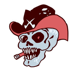 Illustration d'un crane blanc avec un chapeau à rebords qui fume un cigare, venant des enfers, dessiné à la main, isolé sur fond blanc