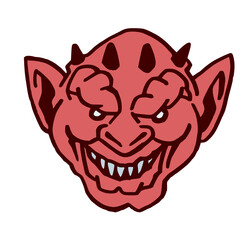 Illustration d'une gargouille rouge diabolique, venant des enfers, souriante, dessiné à la main, isolé sur fond blanc