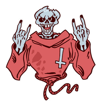 Illustration de la faucheuse sous forme de squelette en tenue de moine, venant des enfers, faisant le signe des cornes du diable, dessiné à la main, isolé sur fond blanc