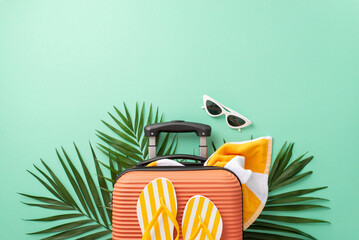 Let your imagination take flight against a turquoise backdrop, showcasing top view of a suitcase...