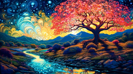 Fototapeta na wymiar Fantasy landscape, red tree, night, river, empty background, colorful, painting. Generative AI