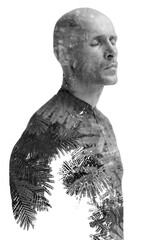 Black and white double exposure portrait of a man with eyes closed