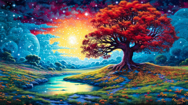Fantasy landscape, night, red tree, lake, starry sky, background, colorful, painting. Generative AI