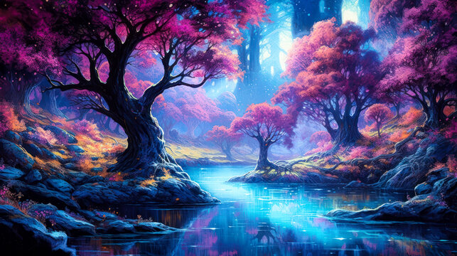 Fantasy landscape, purple trees, blue lake water, background, colorful, painting. Generative AI