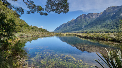 Fototapeta na wymiar Mirror Lakes at Fiordland National Park in New Zealand