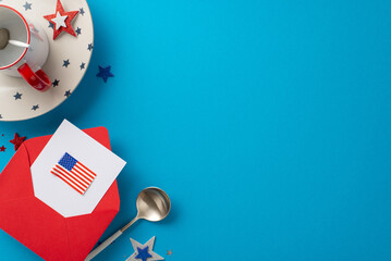 Capture essence of Independence Day USA party with top view of festive table setting. Plate, spoons, cup, postcard with national flag in envelope, stars on blue background with space for text or ad