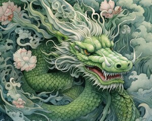 A watercolor print featuring an Asian inspired green dragon, adorned with intricate patterns and delicate brushstrokes