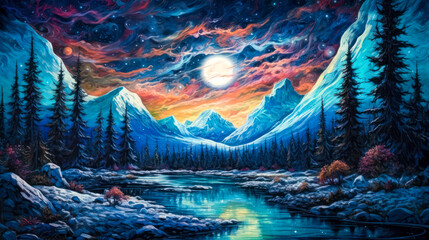 Mountains landscape, night, moon, fantasy, background, colorful, painting. Generative AI