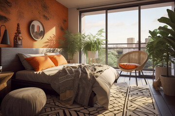 Cozy bedroom with plants. Orange, green and black colors. African eco interior design. Super photo realistic background, generative ai illustrarion