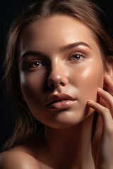Fototapeta na wymiar Fashion portrait of young beautiful glowing skin woman model, skin care, emphasizing the natural beauty and radiance of healthy skin, AI generated