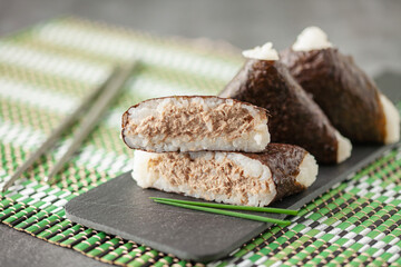 Korean triangle kimbap Samgak made with nori, rice and tuna fish