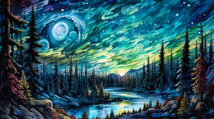 Forest landscape, night, winter, river, swirling night sky, background, colorful, painting. Generative AI