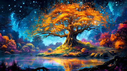 Fototapeta na wymiar Fantasy landscape, golden tree, lake, starry night, background, colorful, painting. Generative AI