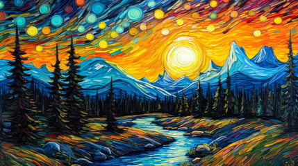 Stylized landscape, sunset, swirling sky, background, colorful, painting. Generative AI