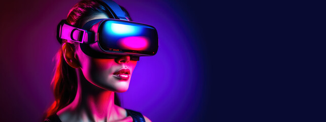 Woman is using virtual reality headset. Generative AI