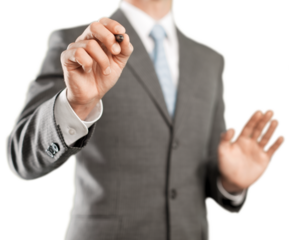 Businessman hand writing isolated on white