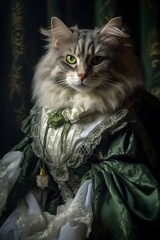 Illustration of a cat wearing a green vintage dress with a white collar created with Generative AI technology