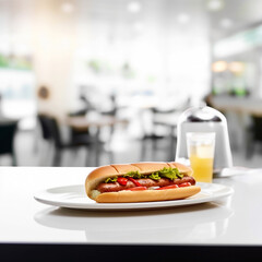 Hot delicious hot dog with meat sausage and mustard sauce on a plate on the table in a cafe, Generative AI, generative artificial intelligence