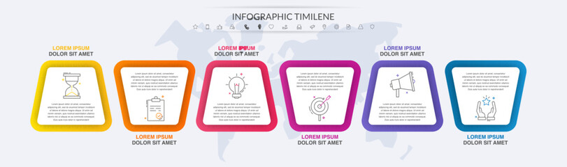 Vector infographics with 6 white quadrilaterals elements. Modern concept graphic process template with six steps. Timeline for the business project on white background for app, diagram, illustration