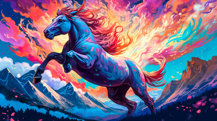 Horse rearing up against swirling night sky, stylized colorful painting, expressive. Generative AI