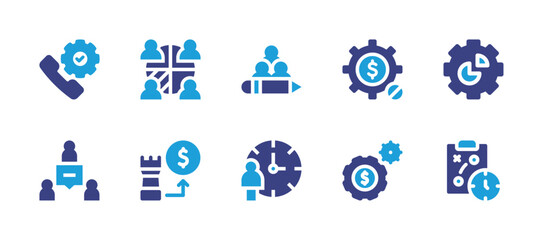 Business management icon set. Duotone color. Vector illustration. Containing phone, collaboration, employees, crisis, pie chart, group, investment, efficiency, make money, strategy.